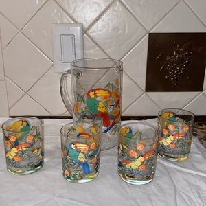 Vintage Cerve Italian tropical bird toucan pitcher & 4 glasses  (1970’s era)